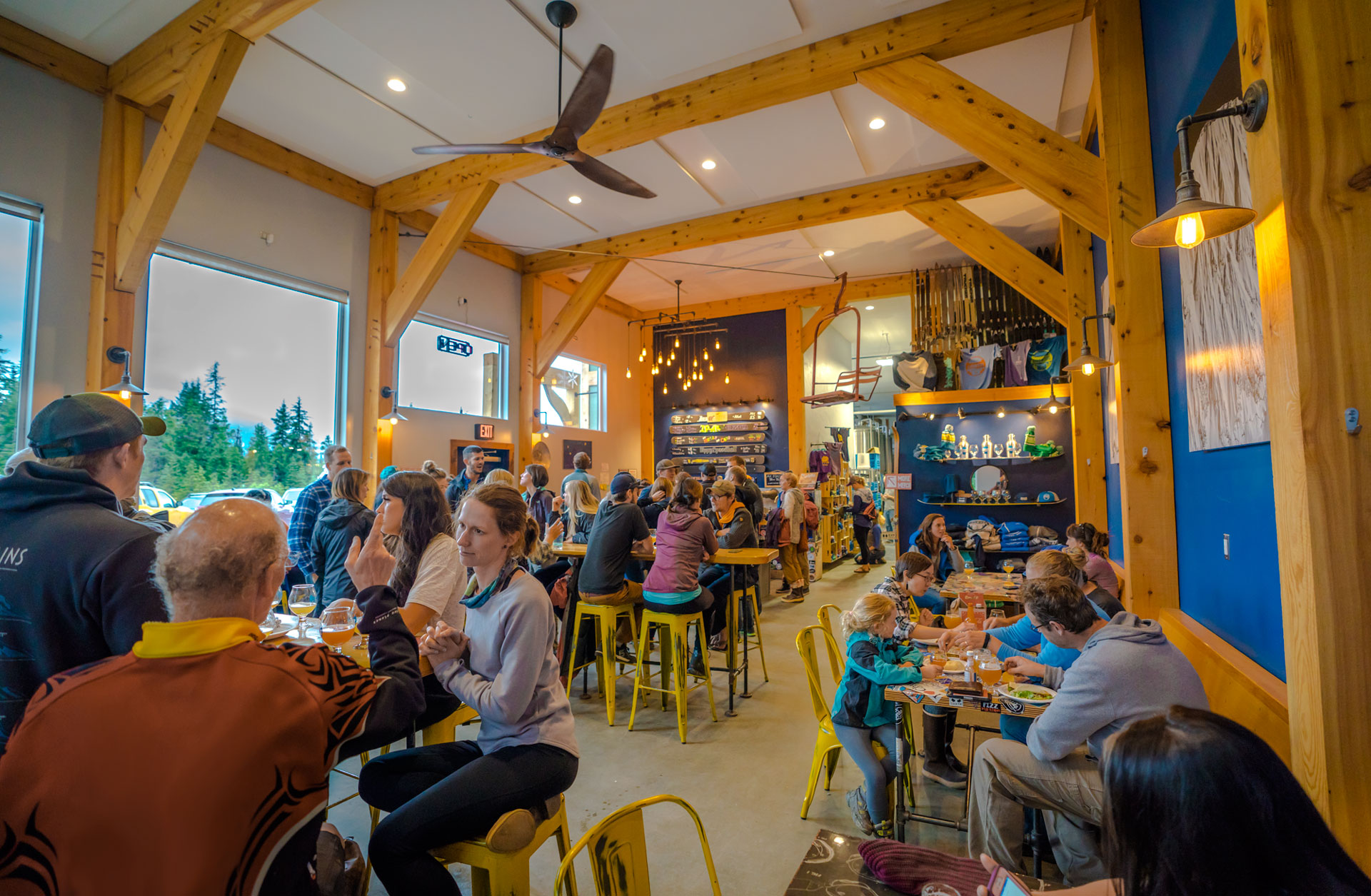 Girdwood Brewing Company timber taproom and Chugach mountains